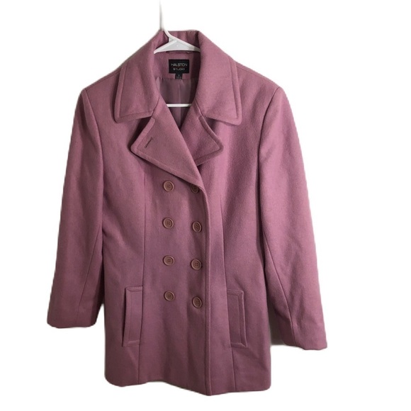 Halston Studio Wool Pea Coat Sz 8 Purple Jacket Double Breasted - Picture 1 of 9